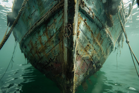 A shipwreck is seen in the ocean with a lot of debris and fish swimming around it. Scene is eerie and mysterious, as the ship is long gone and the ocean is filled with lifeの素材