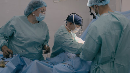 Surgeon with assisting man doctor operating patient perform surgical procedure. Nurse woman stand at table with medical instruments cut out appendicitis malignant tumor heart disease surgery processの写真素材