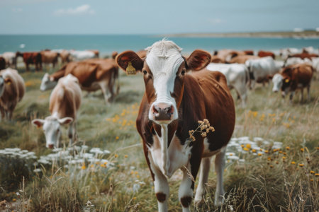 Cow goat pasture in a field ecological local farm no cruelty animal safety happiness herd flock milk eco environment sustainability humanity agriculture green forest meadows mountains grass landの素材