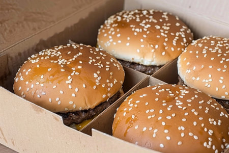 Tasty burger delicious fast food high quality food sandwich tomato cheese hamburger american lunch vegetable restaurant chain promotion promo material advertisement ad menu offer sauce modern quickの素材