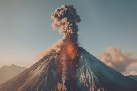 Volcanic eruption volcano erupting with smoke ashes old mountain peak sky covered with fumes natural disaster catastrophe exploding explosion national park lavaの素材