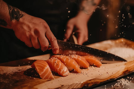 Skilled experienced japanese master chef preparing sushi rolls traditional cuisine restaurant bistro slicing fresh salmon fish tasty delicious gourmet dish seafood rice cook preparing orderの素材