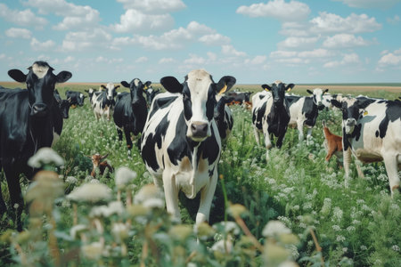 Cow goat pasture in a field ecological local farm no cruelty animal safety happiness herd flock milk eco environment sustainability humanity agriculture green forest meadows mountains grass landの素材
