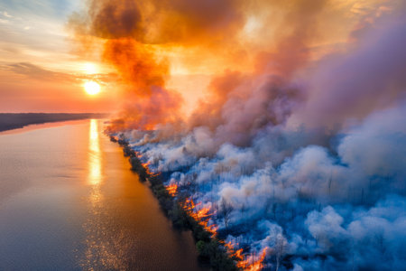 Wildforest fire burning forest trees eecological disaster smoke aerial view from helicopter danger death animals damage hazard blaze pollution tragedyの素材