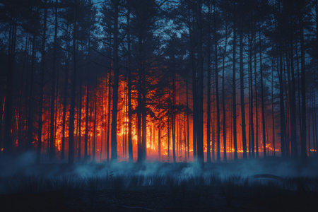 Wildforest fire burning forest trees eecological disaster smoke aerial view from helicopter danger death animals damage hazard blaze pollution tragedyの素材