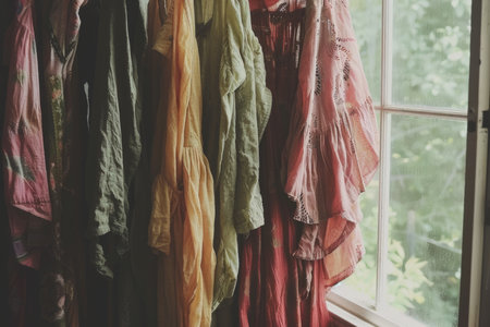 Stylish home wardrobe fashion aesthetic beauty thrifted clothing vintage modern luxury clothes garments room in apartment design lifestyle rack to choose dress hanging shirt pants jeansの素材