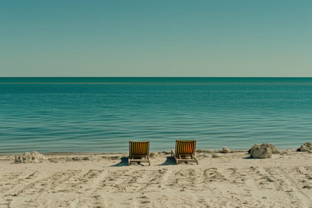 A pair of chairs summer tropical beach lapis ocean shore white sand vacation sunbathing island nature holiday clear sky weather coast seaside paradise maldives bali exotic sunny carribeanの素材