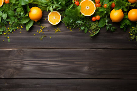 Healthy fruits vegetables on rustic wooden table fresh juicy ingredients health lifestyle vegetarian vegan natural diet eating nutrients nutrition protein rich kitchen lunch agriculture green broccoliの素材