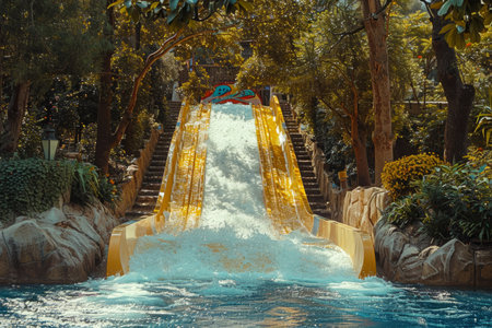 Water slide amusement park tourist attraction summer kids festivity festival joy pool with blue clear water vacation leisure time aquapark fast sliding pipes colorful resort entertainment centerの素材