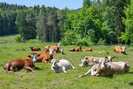 Cow goat pasture in a field ecological local farm no cruelty animal safety happiness herd flock milk eco environment sustainability humanity agriculture green forest meadows mountains grass landの素材
