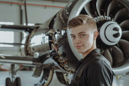 Skilled young airplane mechanic plane check engine avionics hangar industry technology experienced engineer safety scheduled maintenance transportation jet airport repair inspection replacement partの素材