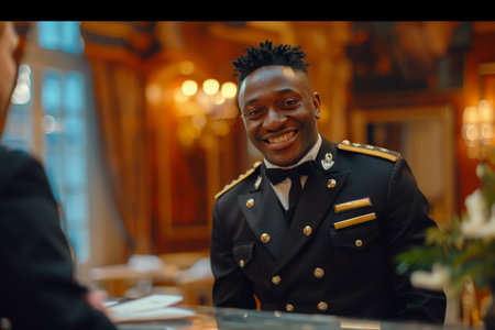 Receptionist reception hotel manager cheerful happy smiling person working occupation desk assistance customers motel lobby professional communication skills management guest visitor secretary staffの素材