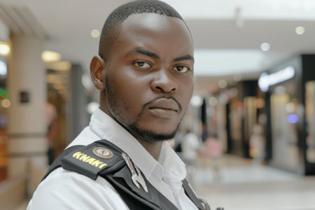 Security guard professional safety patrol man police employee mall safe business protect serve confident authority public space secure guarding agent staff shop convenience store groceryの素材