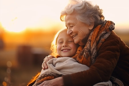 Grandmother with granddaughter family smiling happiness love old woman little girl winter warmth walk child hug embracing care togetherness bonding affection parent support tender relationship outsideの素材
