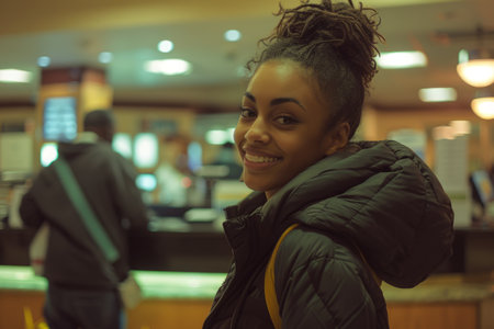 Receptionist reception hotel manager cheerful happy smiling person working occupation desk assistance customers motel lobby professional communication skills management guest visitor secretary staffの素材