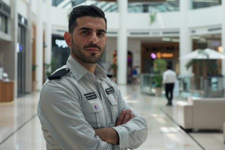Security guard professional safety patrol man police employee mall safe business protect serve confident authority public space secure guarding agent staff shop convenience store groceryの素材