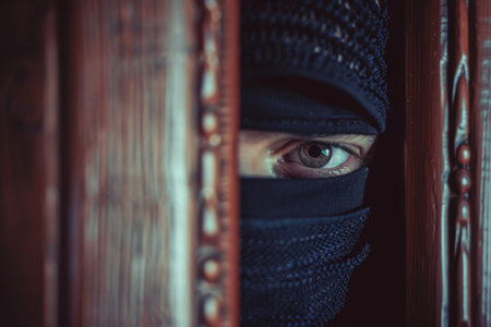 Burglar thief robbing house criminal activity robbery burglary mask crime scene stealing mugger security risk cctv camera catch illegal activity dangerous evil violence gun balaclava breakingの素材