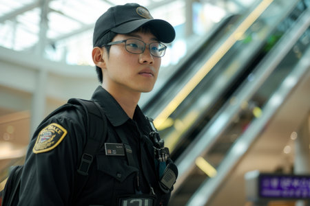Security guard professional safety patrol man police employee mall safe business protect serve confident authority public space secure guarding agent staff shop convenience store groceryの素材
