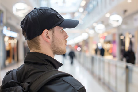 Security guard professional safety patrol man police employee mall safe business protect serve confident authority public space secure guarding agent staff shop convenience store groceryの素材