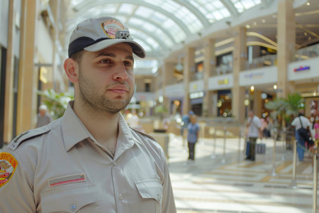 Security guard professional safety patrol man police employee mall safe business protect serve confident authority public space secure guarding agent staff shop convenience store groceryの素材