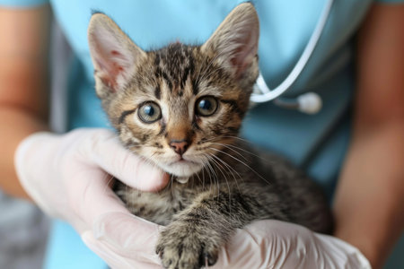 Caring veterinarian vet clinic doctor medicine kitten pet animal holding cute health medical help treatment specialist check breed healthy cat beautiful creature love care recovery relaxationの素材