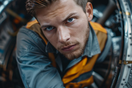 Skilled young airplane mechanic plane check engine avionics hangar industry technology experienced engineer safety scheduled maintenance transportation jet airport repair inspection replacement partの素材