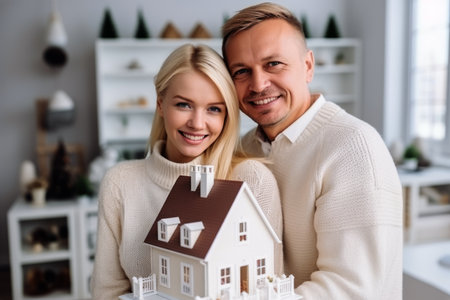 Couple buying house concept holding mockup home investment loan mortgage payment apartment rent buy property owner ownership sale family wife and husband parents life savings real estate smilingの素材