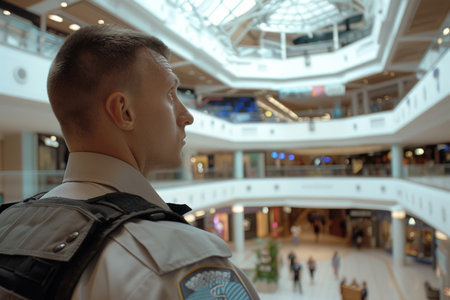 Security guard professional safety patrol man police employee mall safe business protect serve confident authority public space secure guarding agent staff shop convenience store groceryの素材