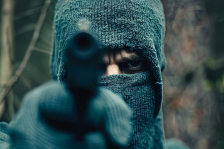 Burglar thief robbing house criminal activity robbery burglary mask crime scene stealing mugger security risk cctv camera catch illegal activity dangerous evil violence gun balaclava breakingの素材