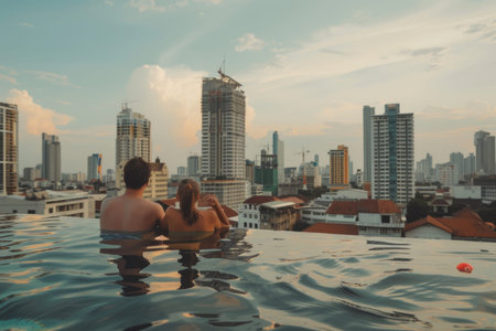 Close friends in a skyscraper pool happy living edge luxury vacation city panorama sights modern hotel relaxation sunset evening urban city skyline business tower view warm water having fun togetherの素材