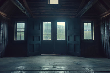 Open door emitting light possibilities growth achievements concept motivation learning skills knowledge heaven doors exit abstract simple background new ways entering leaving space imaginationの素材