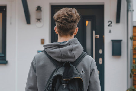 Young person standing in front of door decision making deciding entering light welcome guest concept real estate career path choosing study choice possibility opportunities mortgage opening new lifeの素材