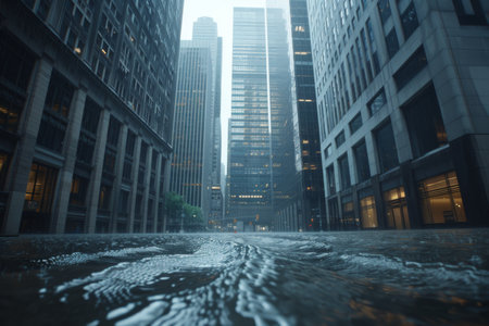 Flooded city streets major flood incident dangerous urban natural disaster thunderstorm emergency river traffic rescue injured people extreme conditions underwater catastrophe hurricane aftermathの素材