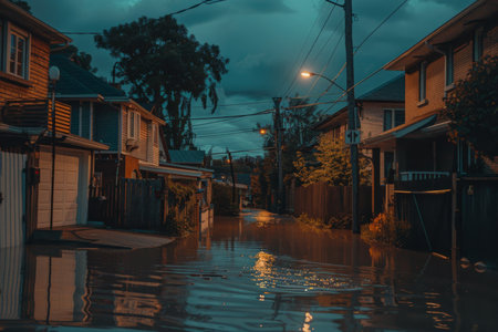 Flooded city streets major flood incident dangerous urban natural disaster thunderstorm emergency river traffic rescue injured people extreme conditions underwater catastrophe hurricane aftermathの素材