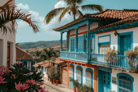 Tourist destination colorful city candy buildings South America architecture old houses palms art home exterior facade town streets historic exploration warm tropical county tourism aestheticの素材