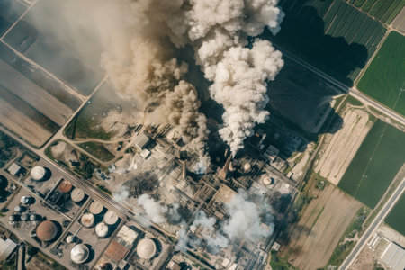 Factory fumes dangerous carbon emissions pollution environmental risk eco activism global warming co2 dark smog air contamination energy sector steam smoke industrial climate change environment dangerの素材