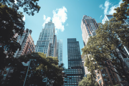 Modern city skyline downtown financial district skyscrapers megapolis buildings glass concrete architecture urban landscape office metropolis capital bank illuminated corporations aerial viewの素材