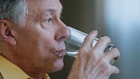 Close up senior old mature Caucasian man looking away thinking holding glass of clean still water...
