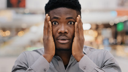 Close-up male portrait young surprised stunned excited shocked serious african american man holding hands on face surprise saying wow getting unbelievable sad news feeling shock surprise amaze wonderの写真素材
