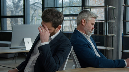 Upset shocked caucasian men businessmen partners employees sitting in office frustrated with...