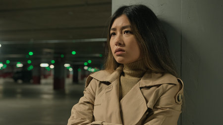 Upset anxious stressful Asian chinese woman female girl alone in car parking underground think...