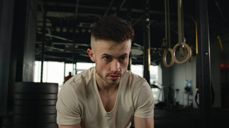 Active man training with battle ropes waves in gym bodybuilding muscle strength intense cardio use...
