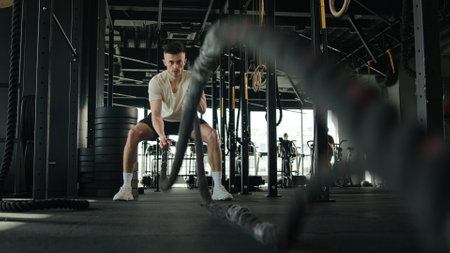 Active man training with battle ropes waves in gym bodybuilding muscle strength intense cardio use sport equipment endurance practice powerful athlete sportsman bodybuilder workout functional exerciseの写真素材