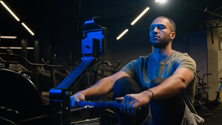 Sport functional training exercise biceps back muscles healthy African American trainer strong man...