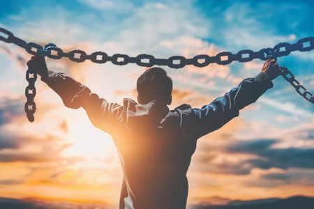 Person breaking chains freedom equality personal strength motivation self-education self-improvement power torn chain free mind release revolt revolution independence and determination protest prideの素材