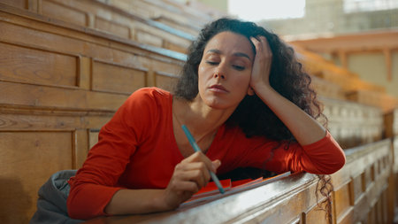 Pensive thinking boring lazy Hispanic woman thoughtful sad Latina girl student female lady study at...