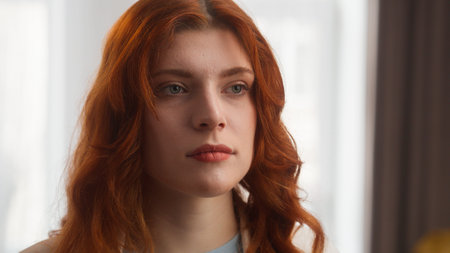 Frustrated Caucasian woman sad female disappointed girl portrait posing bored lady looking at camera...