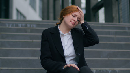 Stressed frustrated sad Caucasian girl businesswoman female fired business woman jobless worker sitting stairs holding head raising hands frustration lost job unemployment problems outside city officeの写真素材