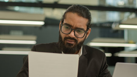 Arabian Muslim business man Indian businessman employer entrepreneur manager confused with papers and laptop in office problem paperwork bad result talking video call working with documents failureの写真素材