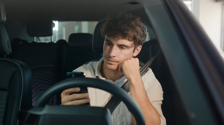 Caucasian confused sad driver upset puzzled male businessman frustrated man stressed business...